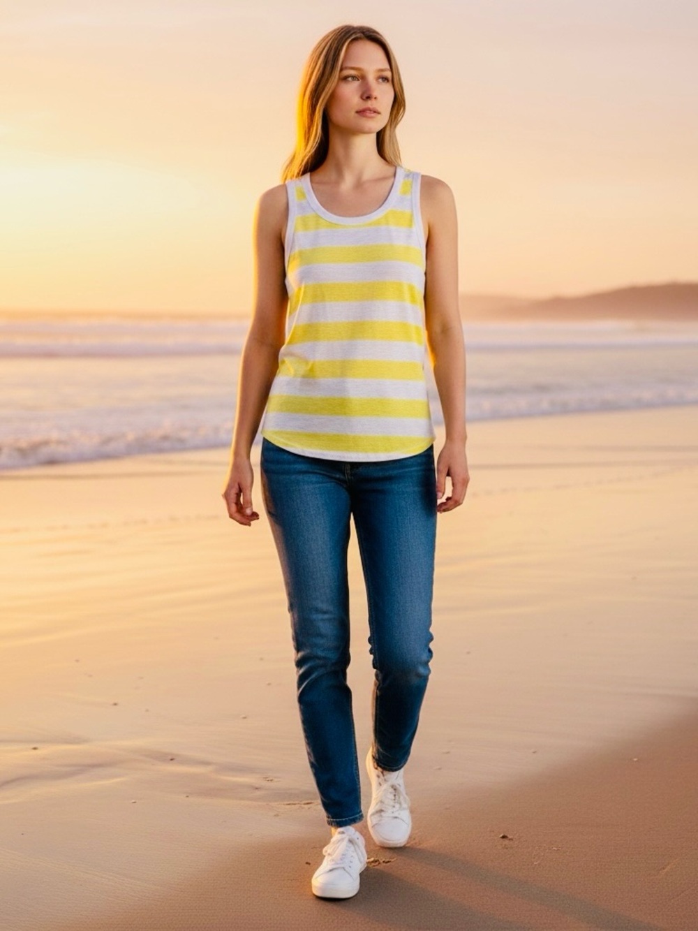 Marled Yellow and White Striped Tank Top